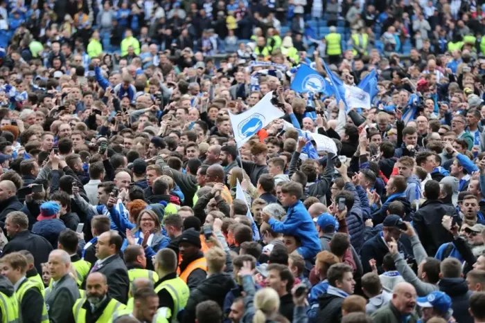 Framed Print : Brighton and Hove Albion Fans Celebrate Championship Victory over Wigan Athletic at American Express Community Stadium (17APR17) Framed Print : Brighton and Hove Albion Fans Celebrate Championship Victory over Wigan Athletic at American Express Community Stadium (17APR17)