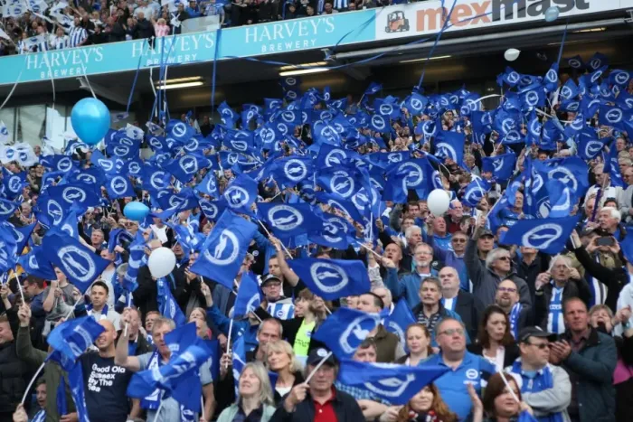 Framed Print : Brighton and Hove Albion Fans Celebrate Promotion to Premier League at American Express Community Stadium (29APR17)