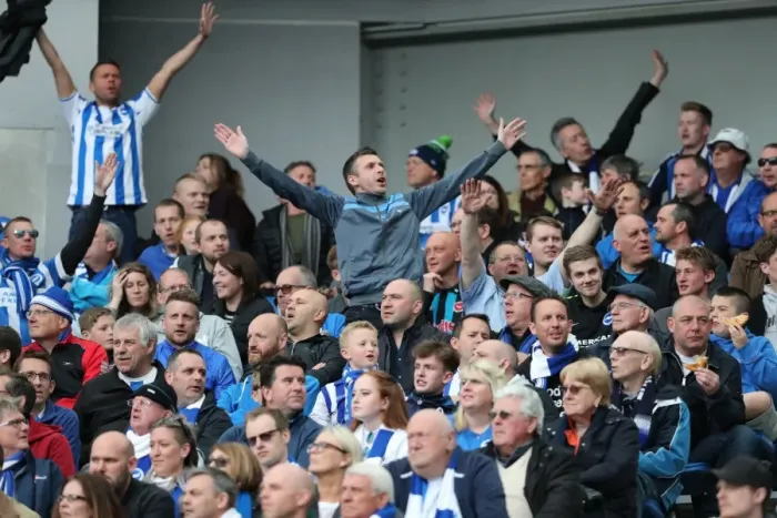 Framed Print : Brighton and Hove Albion Fans Celebrating at American Express Community Stadium during EFL Sky Bet Championship Match vs. Wigan Athletic (17th April 2017) Framed Print : Brighton and Hove Albion Fans Celebrating at American Express Community Stadium during EFL Sky Bet Championship Match vs. Wigan Athletic (17th April 2017)