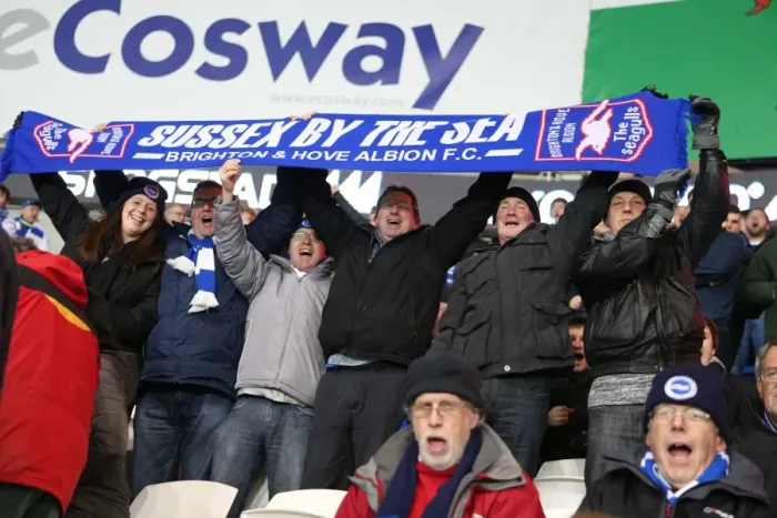 Framed Print : Brighton and Hove Albion Fans in Full Force at Cardiff City Stadium, 10th February 2015