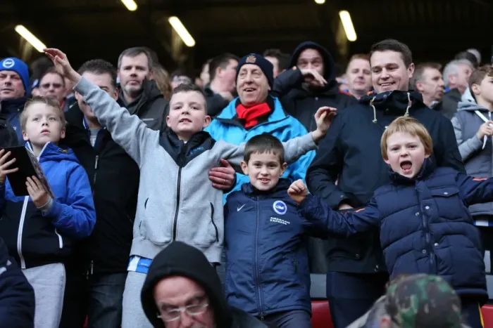 Framed Print : Brighton and Hove Albion Fans in Full Force: A Sea ofColors at Charlton Athletic Championship Match, The Valley (10 January 2015)