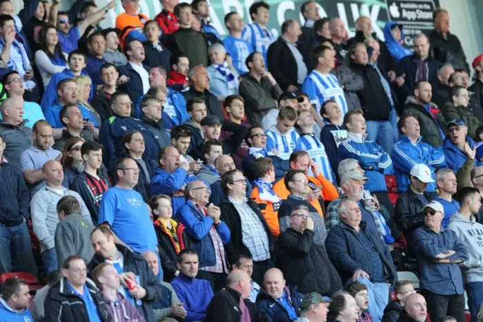 Framed Print : Brighton and Hove Albion Fans Passionate Support at Wigan Athletic Championship Match, April 2015