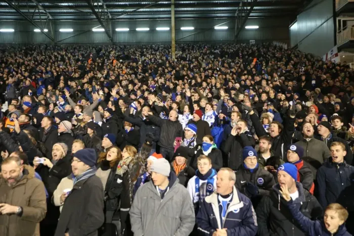 Framed Print : Brighton & Hove Albion Fans in Full Swing at Fulham's Craven Cottage (29DEC14)