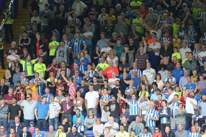 Framed Print : Brighton and Hove Albion Fans in Full Swing at Ipswich Town Championship Match, August 2015 Framed Print : Brighton and Hove Albion Fans in Full Swing at Ipswich Town Championship Match, August 2015