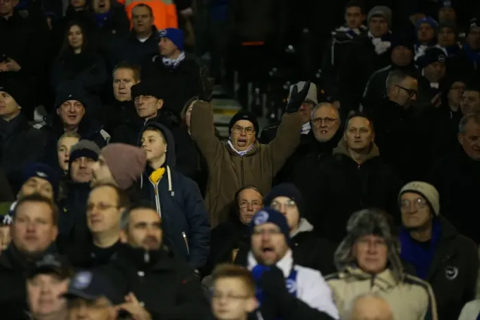 Framed Print : Brighton and Hove Albion Fans in Full Swing: A Passionate Atmosphere at Fulham's Craven Cottage (29DEC14) Framed Print : Brighton and Hove Albion Fans in Full Swing: A Passionate Atmosphere at Fulham's Craven Cottage (29DEC14)