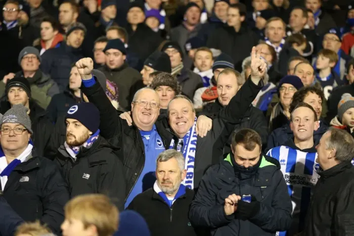 Framed Print : Brighton and Hove Albion Fans in Full Throat at Craven Cottage (2014) Framed Print : Brighton and Hove Albion Fans in Full Throat at Craven Cottage (2014)