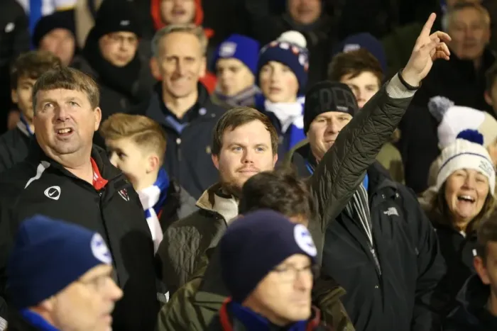 Framed Print : Brighton and Hove Albion Fans in Full Throat at Fulham Championship Match, December 2014 Framed Print : Brighton and Hove Albion Fans in Full Throat at Fulham Championship Match, December 2014