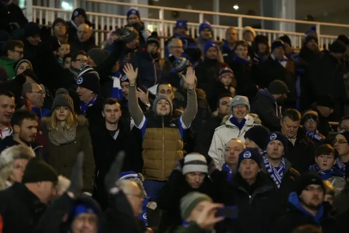 Framed Print : Brighton & Hove Albion Fans in Full Throat at Fulham's Craven Cottage (29DEC14)