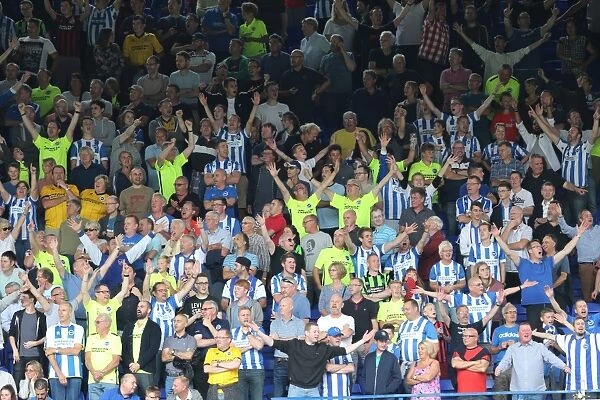 Brighton and Hove Albion Fans Go Wild Celebrating a Goal Against Ipswich Town in Sky Bet Championship Match, August 2015