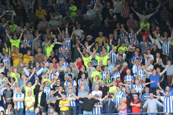 Framed Print : Brighton and Hove Albion Fans Go Wild Celebrating a Goal Against Ipswich Town in Sky Bet Championship Match, August 2015 Framed Print : Brighton and Hove Albion Fans Go Wild Celebrating a Goal Against Ipswich Town in Sky Bet Championship Match, August 2015