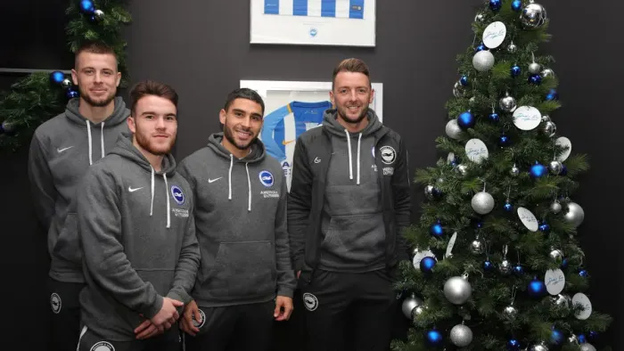 Framed Print : Brighton & Hove Albion FC: 2019 / 20 Season - Neal Maupay, Dale Stephens, Aaron Connolly, and Adam Webster Sign Autographs at Amex Stadium
