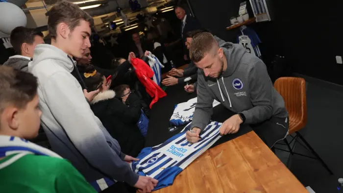 Framed Print : Brighton & Hove Albion FC: 2019 / 20 Season - Player Signing Session with Neal Maupay, Dale Stephens, Aaron Connolly, and Adam Webster at Amex Stadium