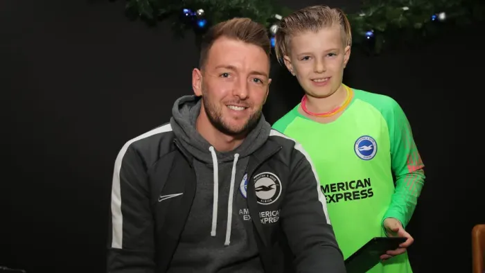 Framed Print : Brighton & Hove Albion FC: 2019 / 20 Season - Player Signing Session with Neal Maupay, Dale Stephens, Aaron Connolly, and Adam Webster at Amex Stadium