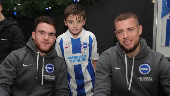 Framed Print : Brighton and Hove Albion FC: 2019 / 20 Season - Player Signing Session with Neal Maupay, Dale Stephens, Aaron Connolly, and Adam Webster at Amex Stadium