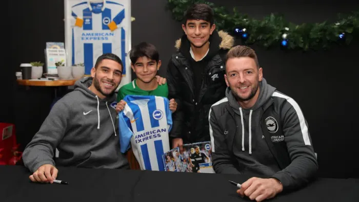 Framed Print : Brighton & Hove Albion FC: 2019 / 20 Season - Player Signing Session with Neal Maupay, Dale Stephens, Aaron Connolly, and Adam Webster at Amex Stadium