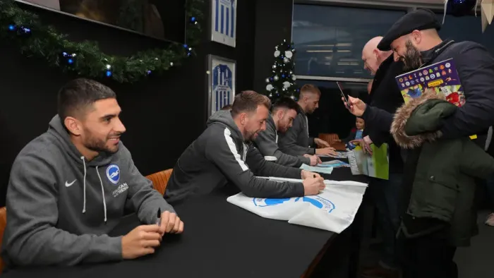 Framed Print : Brighton & Hove Albion FC: 2019 / 20 Season - Player Signing Session with Neal Maupay, Dale Stephens, Aaron Connolly, and Adam Webster at Amex Stadium