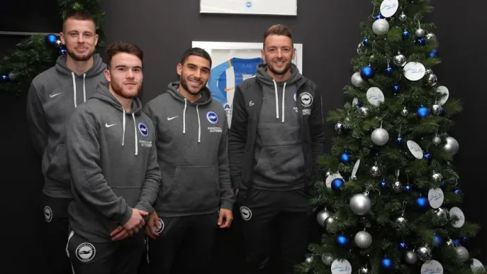 Framed Print : Brighton & Hove Albion FC: 2019 / 20 Season - Player Signing Session with Neal Maupay, Dale Stephens, Aaron Connolly, and Adam Webster at Amex Stadium