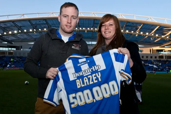 Framed Print : Brighton & Hove Albion FC: Celebrating Milestone Moment with Fan No. 500, 000 - Craig Blazey and His Sister Framed Print : Brighton & Hove Albion FC: Celebrating Milestone Moment with Fan No. 500, 000 - Craig Blazey and His Sister