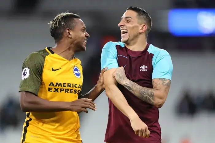 Framed Print : Brighton and Hove Albion: Izquierdo and Knockaert Celebrate Premier League Victory Over West Ham United