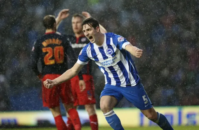 Framed Print : Brighton & Hove Albion: Lewis Dunk Celebrates Forster-Caskey's Goal vs. Reading (2014) Framed Print : Brighton & Hove Albion: Lewis Dunk Celebrates Forster-Caskey's Goal vs. Reading (2014)