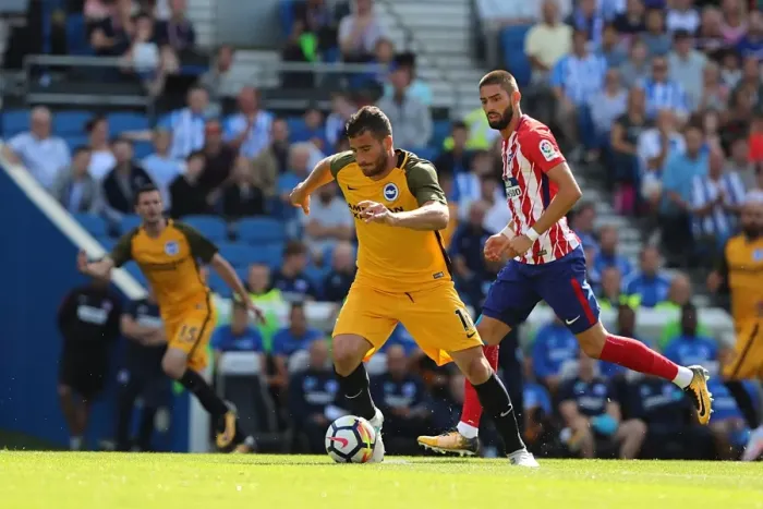 Framed Print : Brighton & Hove Albion vs Atletico Madrid: Tomer Hemed in Action at American Express Community Stadium (August 2017)