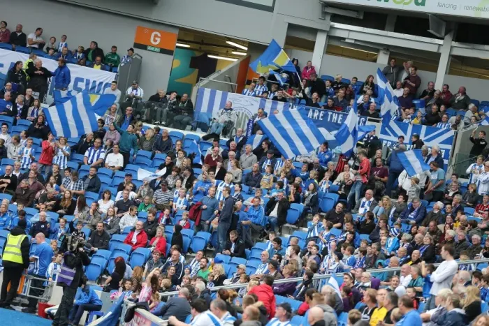 Framed Print : Brighton and Hove Albion vs Middlesbrough: A Sea of Passion in the South West Corner (18OCT14)