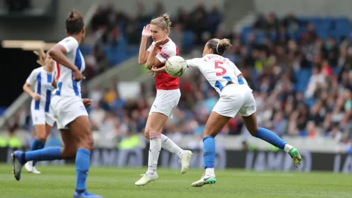 Framed Print : Brighton and Hove Albion Women vs. Arsenal Women: WSL Clash at American Express Community Stadium (29APR19) - Intense Action from the Women's Super League Match