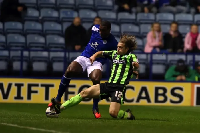 Framed Print : Brighton & Hove Albion's Craig Mackail-Smith Goes Head-to-Head with Leicester City in Npower Championship Clash, October 2012 Framed Print : Brighton & Hove Albion's Craig Mackail-Smith Goes Head-to-Head with Leicester City in Npower Championship Clash, October 2012