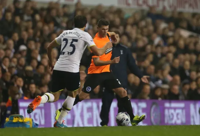 Framed Print : Brighton & Hove Albion's Danny Holla Faces Off Against Tottenham Hotspur in the Capital One Cup