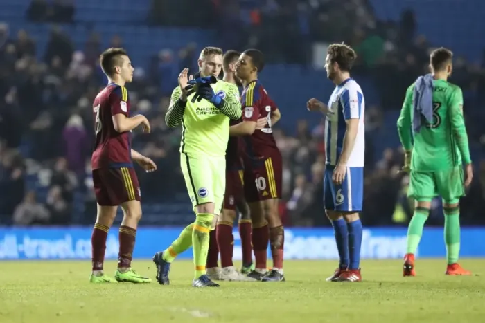 Framed Print : Brighton & Hove Albion's David Stockdale Applauds Amidst Ipswich Town Tensions (14FEB17)
