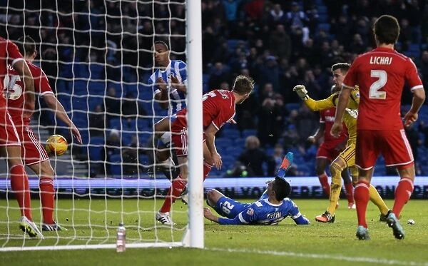 Brighton and Hove Albion's Debuting Midfielder, Beram Kayal, Denied by Nottingham Forest Defense in Sky Bet Championship Match (7th February 2015)