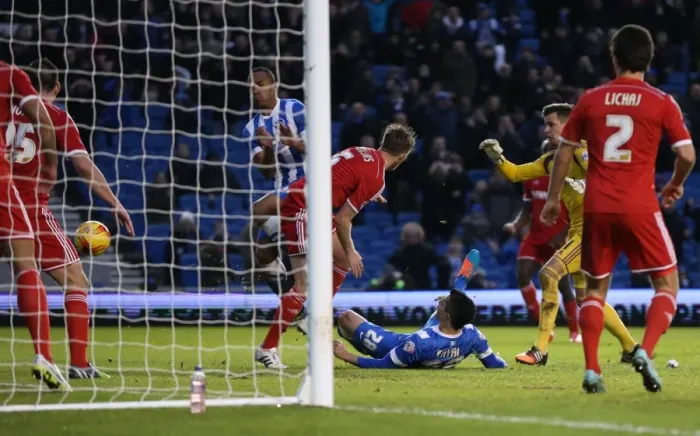 Framed Print : Brighton and Hove Albion's Debuting Midfielder, Beram Kayal, Denied by Nottingham Forest Defense in Sky Bet Championship Match (7th February 2015) Framed Print : Brighton and Hove Albion's Debuting Midfielder, Beram Kayal, Denied by Nottingham Forest Defense in Sky Bet Championship Match (7th February 2015)