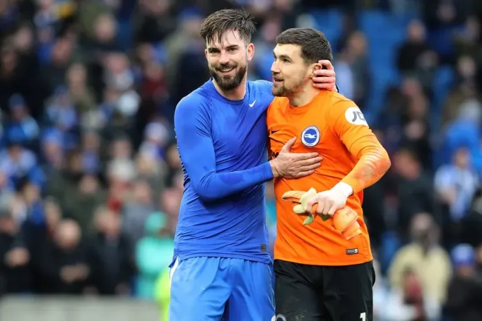 Framed Print : Brighton and Hove Albion's Historic Premier League Victory: Propper and Ryan Celebrate Over Arsenal (04MAR18)