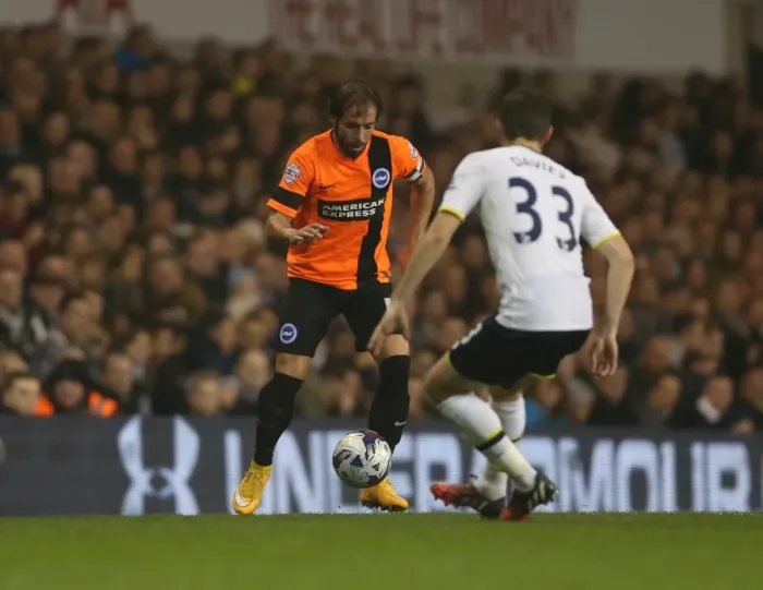 Framed Print : Brighton & Hove Albion's Inigo Calderon Faces Off Against Tottenham in Intense Capital One Cup Clash (29th October 2014)