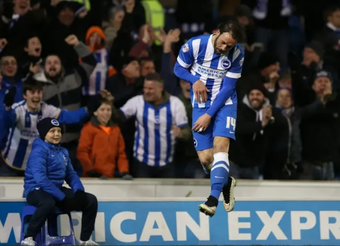 Framed Print : Brighton & Hove Albion's Inigo Calderon Scores the Second Goal in a 2-0 Lead over Leeds United Framed Print : Brighton & Hove Albion's Inigo Calderon Scores the Second Goal in a 2-0 Lead over Leeds United