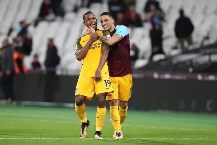 Framed Print : Brighton and Hove Albion's Izquierdo and Knockaert Celebrate Premier League Victory Over West Ham United (20OCT17)