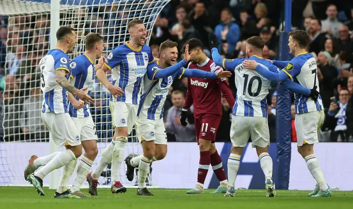 Framed Print : Brighton & Hove Albion's Joel Veltman Scores the Second Goal Against West Ham United in the 2022 / 23 Premier League Match Framed Print : Brighton & Hove Albion's Joel Veltman Scores the Second Goal Against West Ham United in the 2022 / 23 Premier League Match
