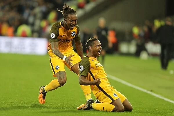 Brighton and Hove Albion's Jose Izquierdo and Gaetan Bong Celebrate 2-0 Goal Against West Ham United (Premier League 2017)