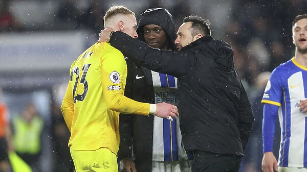 Brighton and Hove Albion's Roberto de Zerbi Celebrates with Jason Steele at the Final Whistle vs. Crystal Palace (15MAR23)