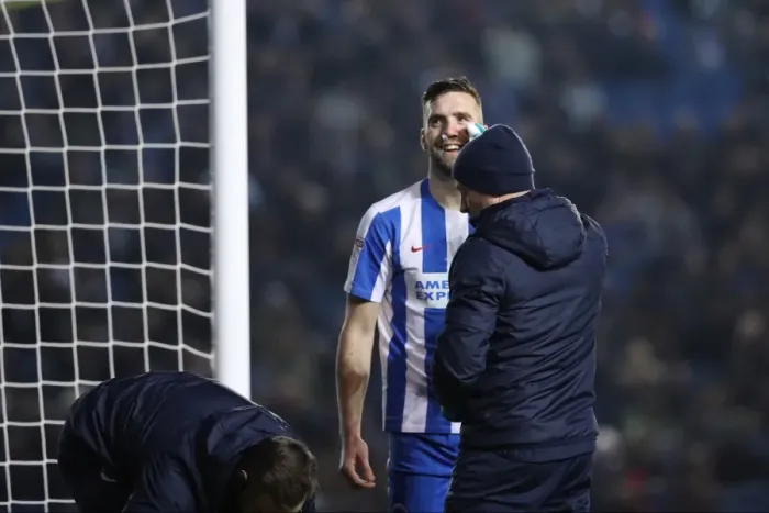 Framed Print : Brighton & Hove Albion's Shane Duffy: A Laugh Amidst Injury Amidst the Cheers of the Fans (14FEB17) Framed Print : Brighton & Hove Albion's Shane Duffy: A Laugh Amidst Injury Amidst the Cheers of the Fans (14FEB17)
