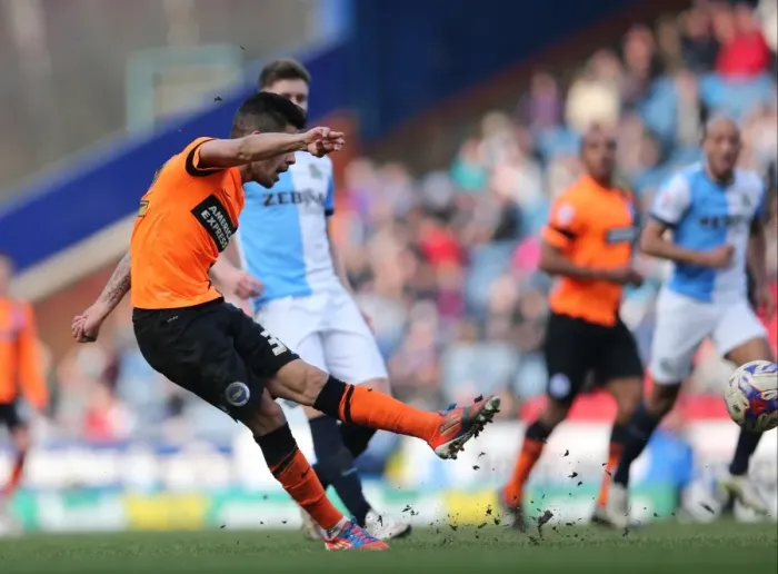 Framed Print : Brighton Midfielder Emmanuel Ledesma Fires Away Against Blackburn Rovers (Blackburn Rovers vs Brighton and Hove Albion, 21st March 2015)