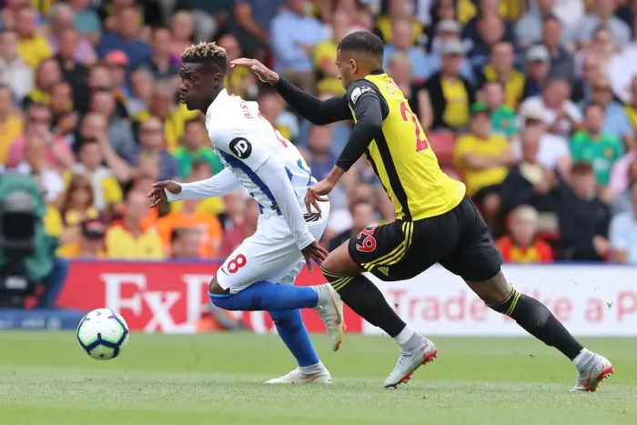 Framed Print : Brighton's Bissouma Outmuscles Capoue in Premier League Clash vs. Watford (11AUG18) Framed Print : Brighton's Bissouma Outmuscles Capoue in Premier League Clash vs. Watford (11AUG18)