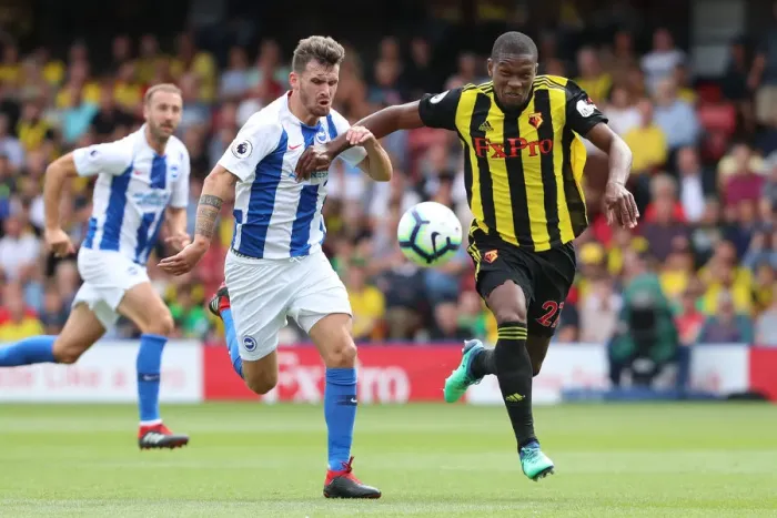 Framed Print : Brighton's Gross and Kabasele Clash in Watford Away Premier League Encounter (11AUG18)