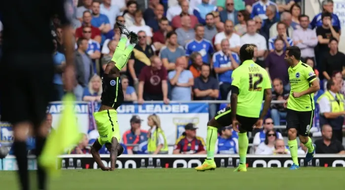 Framed Print : Brighton's Kazenga LuaLua Scores Dramatic Goal and Celebrates with a Somersault in Ipswich Town Clash (28 / 08 / 2015) Framed Print : Brighton's Kazenga LuaLua Scores Dramatic Goal and Celebrates with a Somersault in Ipswich Town Clash (28 / 08 / 2015)