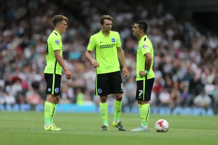 Framed Print : Brighton's Midfield Tactics: March, Stephens, and Kayal Discuss Set Piece Strategy at Fulham's Craven Cottage (Fulham 15AUG15) Framed Print : Brighton's Midfield Tactics: March, Stephens, and Kayal Discuss Set Piece Strategy at Fulham's Craven Cottage (Fulham 15AUG15)