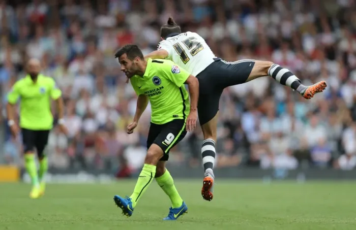 Framed Print : Brighton's Sam Baldock Battles for Goal Against Fulham in Sky Bet Championship Clash (August 15, 2015) Framed Print : Brighton's Sam Baldock Battles for Goal Against Fulham in Sky Bet Championship Clash (August 15, 2015)