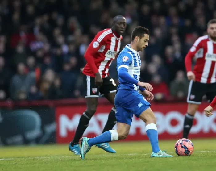 Framed Print : Brighton's Sam Baldock Goes Head-to-Head with Brentford in FA Cup Clash (03JAN15) Framed Print : Brighton's Sam Baldock Goes Head-to-Head with Brentford in FA Cup Clash (03JAN15)