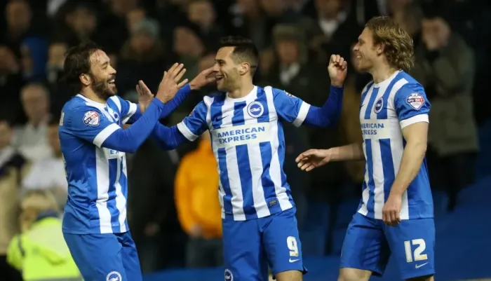 Framed Print : Brighton's Sam Baldock Scores Thrilling Goal Against Leeds United in Championship Match, 24 February 2015 Framed Print : Brighton's Sam Baldock Scores Thrilling Goal Against Leeds United in Championship Match, 24 February 2015