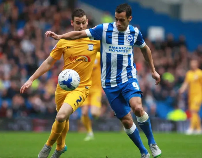 Framed Print : Brighton's Sam Baldock Shields Ball from Vermijl in Championship Clash Framed Print : Brighton's Sam Baldock Shields Ball from Vermijl in Championship Clash