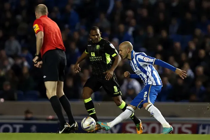 Framed Print : Bruno Saltor Tackles in Intense Brighton & Hove Albion vs Leeds United Championship Clash (November 2, 2012)
